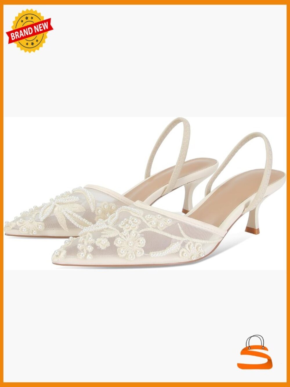 Embroidered Mesh Kitten Heel Slingback Sandals Pointed Toe Slip On